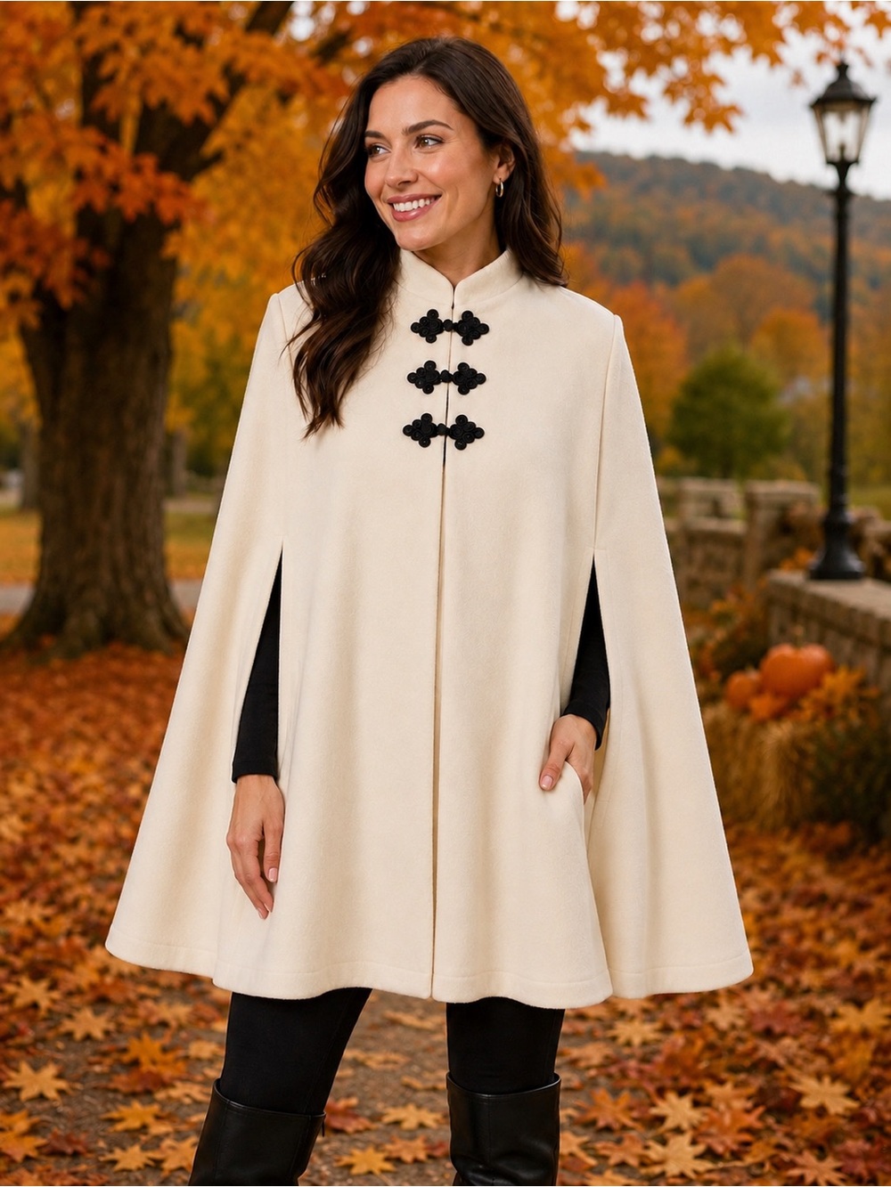 345) Ivory Cream Cape Poncho Black Frog Closures Mandarin Collar